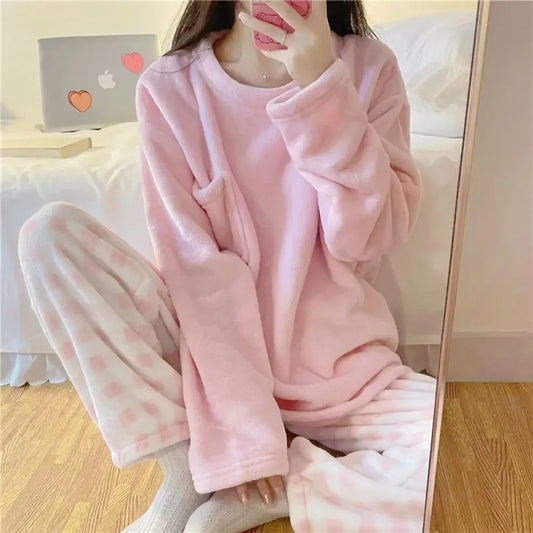 Set pigiama da donna in pile spesso e caldo, pigiama invernale casual a tinta unita con top