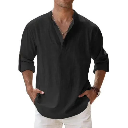 Camicie Henley da uomo a maniche lunghe, in lino, stile streetwear, leggere
