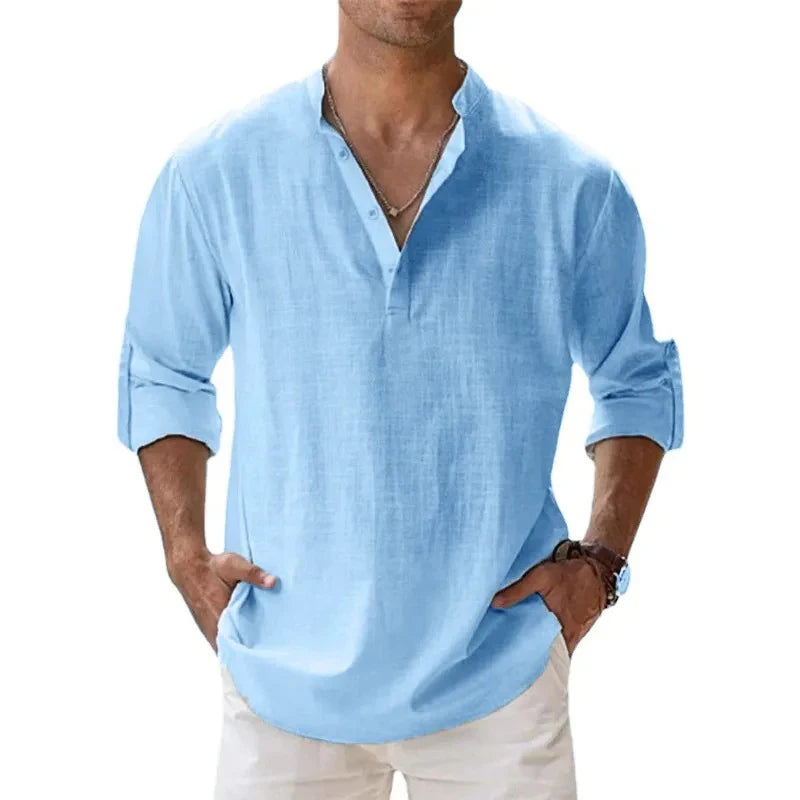 Camicie Henley da uomo a maniche lunghe, in lino, stile streetwear, leggere