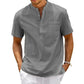 Camicia da uomo in lino, collo Henley, con tasca, casual da spiaggia