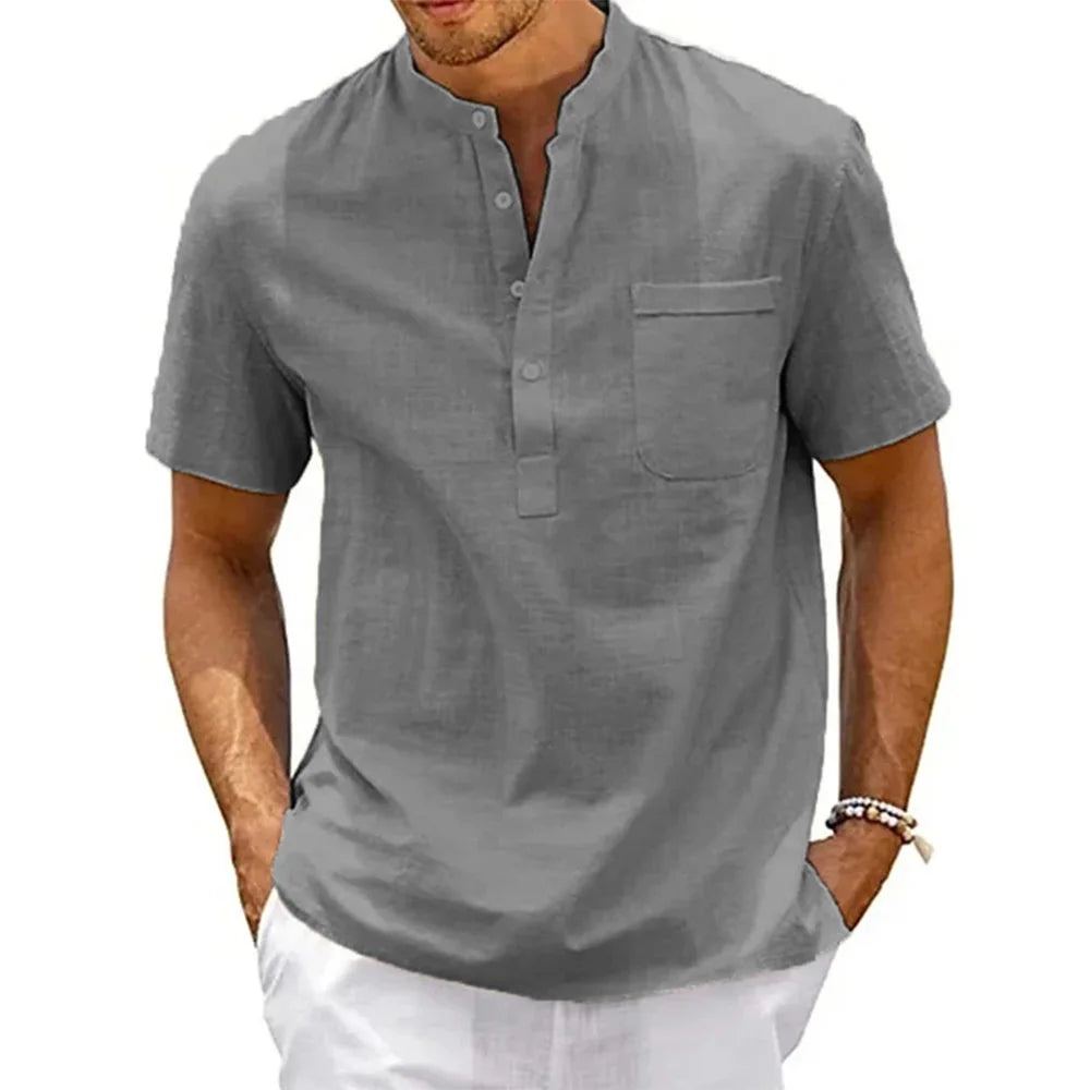 Camicia da uomo in lino, collo Henley, con tasca, casual da spiaggia
