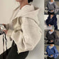 2024 Primavera/Autunno Nuova felpa con cappuccio foderata in pile, versatile, cropped a taglio slim che definisce la silhouette, con zip, blu navy, calda, da donna