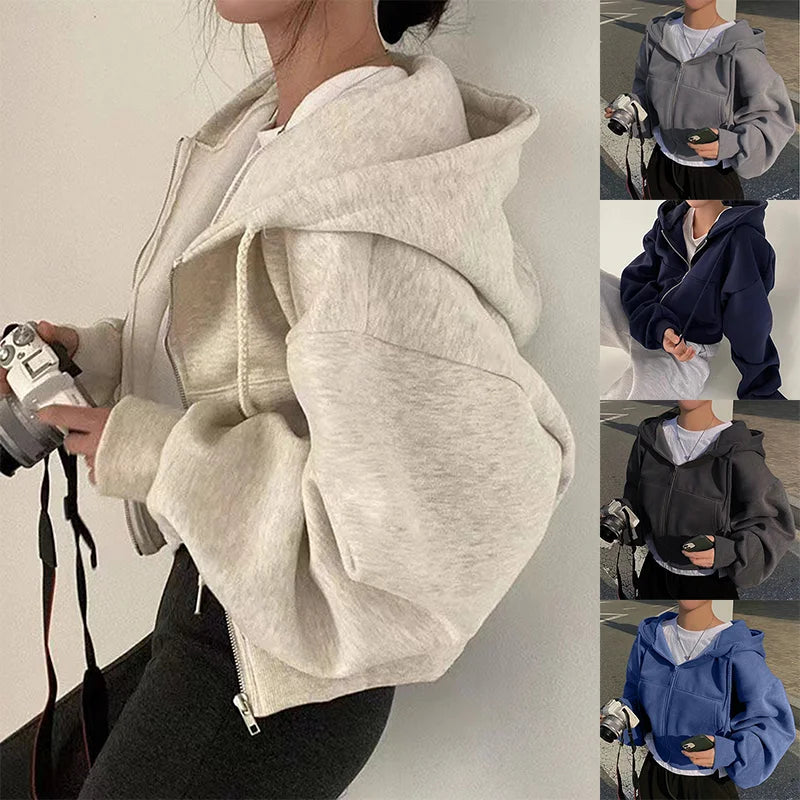 2024 Primavera/Autunno Nuova felpa con cappuccio foderata in pile, versatile, cropped a taglio slim che definisce la silhouette, con zip, blu navy, calda, da donna