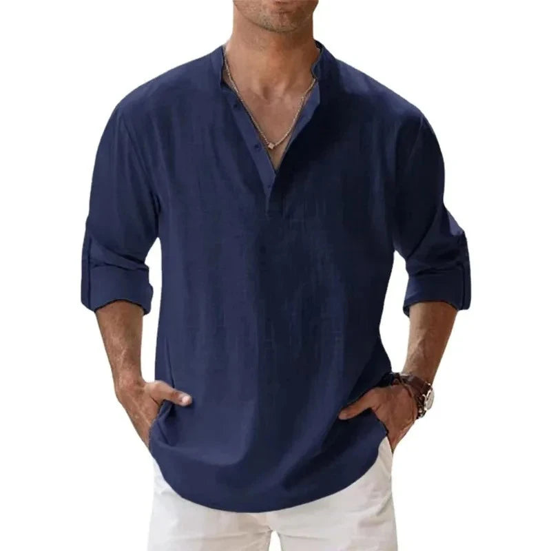 Camicie Henley da uomo a maniche lunghe, in lino, stile streetwear, leggere