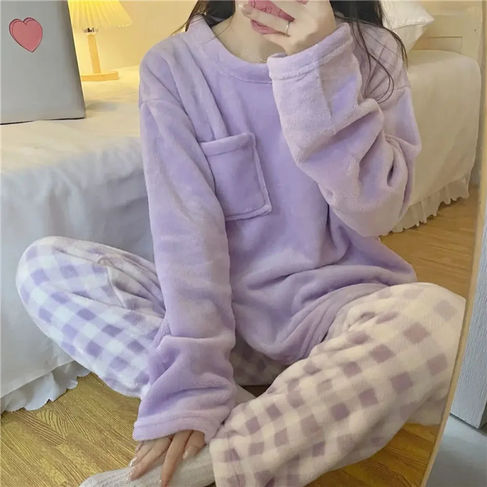 Set pigiama da donna in pile spesso e caldo, pigiama invernale casual a tinta unita con top
