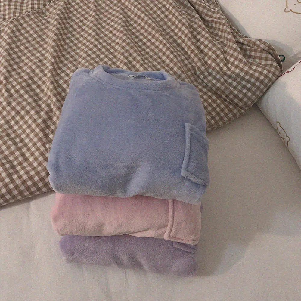 Set pigiama da donna in pile spesso e caldo, pigiama invernale casual a tinta unita con top