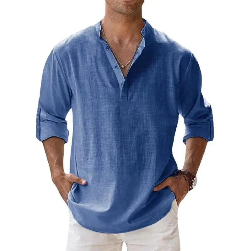 Camicie Henley da uomo a maniche lunghe, in lino, stile streetwear, leggere