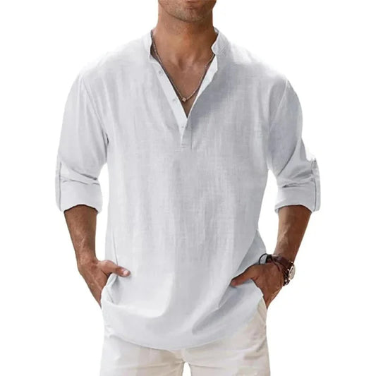 Camicie Henley da uomo a maniche lunghe, in lino, stile streetwear, leggere