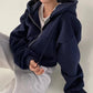 2024 Primavera/Autunno Nuova felpa con cappuccio foderata in pile, versatile, cropped a taglio slim che definisce la silhouette, con zip, blu navy, calda, da donna