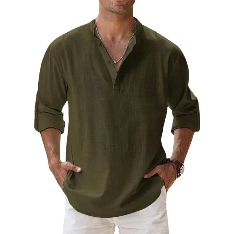 Camicie Henley da uomo a maniche lunghe, in lino, stile streetwear, leggere