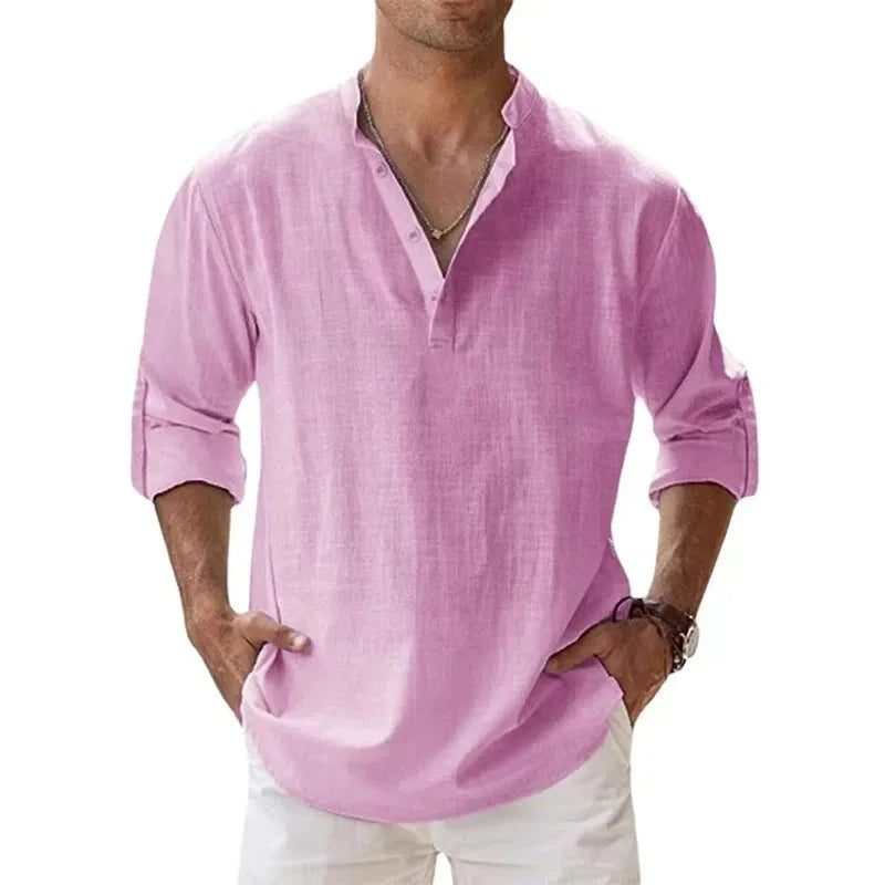 Camicie Henley da uomo a maniche lunghe, in lino, stile streetwear, leggere