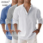 Camicie Henley da uomo a maniche lunghe, in lino, stile streetwear, leggere