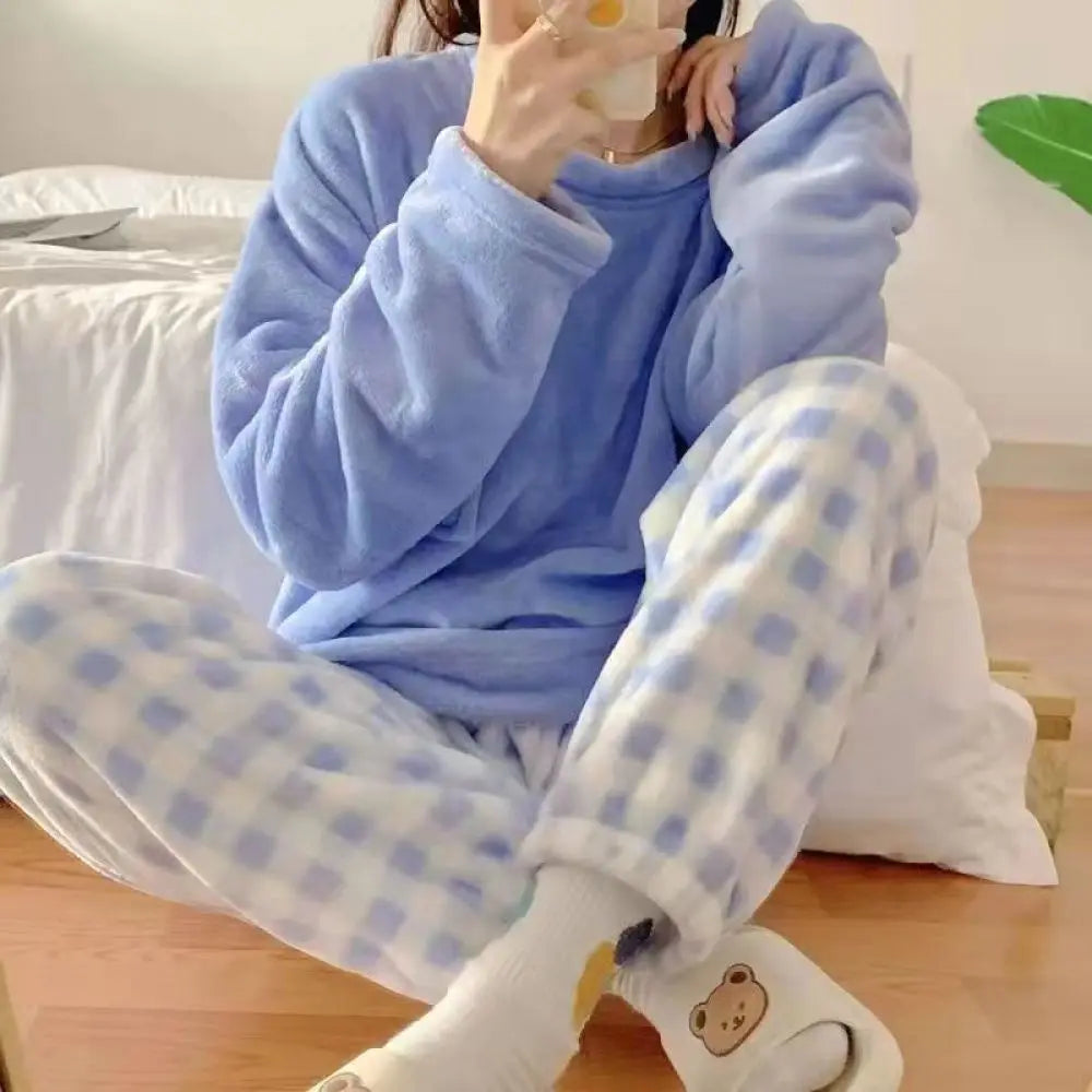 Set pigiama da donna in pile spesso e caldo, pigiama invernale casual a tinta unita con top