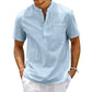 Camicia da uomo in lino, collo Henley, con tasca, casual da spiaggia