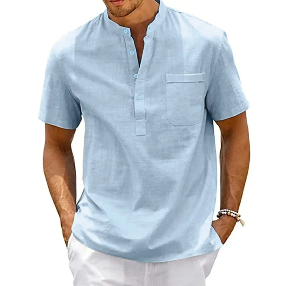 Camicia da uomo in lino, collo Henley, con tasca, casual da spiaggia