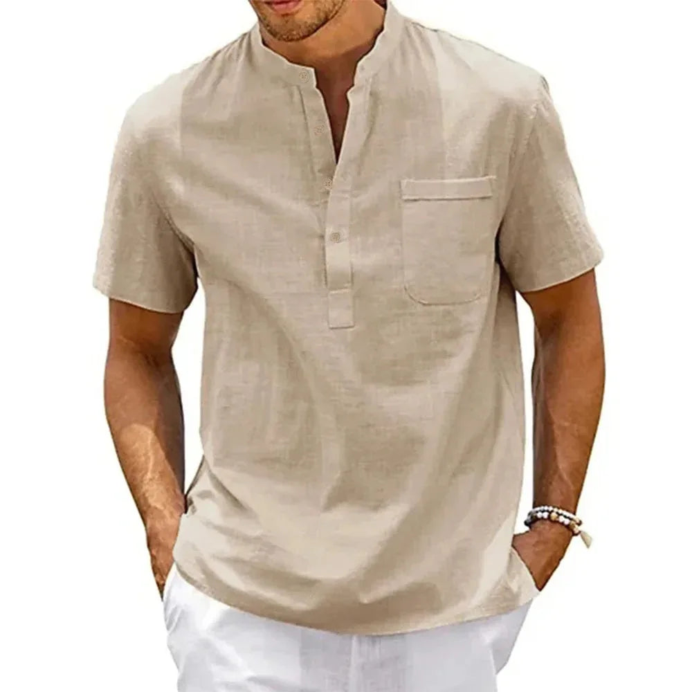 Camicia da uomo in lino, collo Henley, con tasca, casual da spiaggia