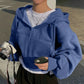 2024 Primavera/Autunno Nuova felpa con cappuccio foderata in pile, versatile, cropped a taglio slim che definisce la silhouette, con zip, blu navy, calda, da donna