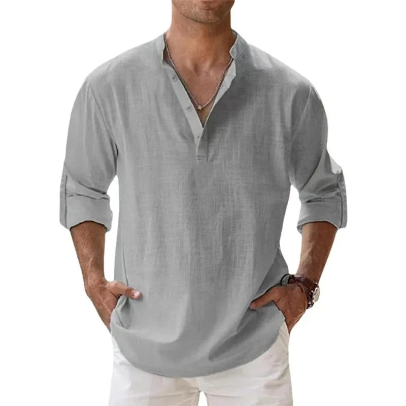 Camicie Henley da uomo a maniche lunghe, in lino, stile streetwear, leggere