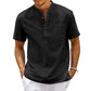 Camicia da uomo in lino, collo Henley, con tasca, casual da spiaggia