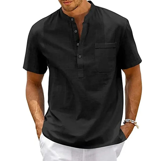 Camicia da uomo in lino, collo Henley, con tasca, casual da spiaggia