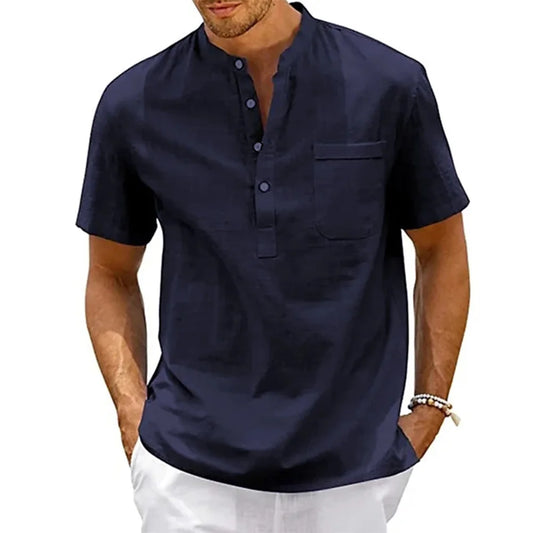Camicia da uomo in lino, collo Henley, con tasca, casual da spiaggia