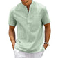 Camicia da uomo in lino, collo Henley, con tasca, casual da spiaggia