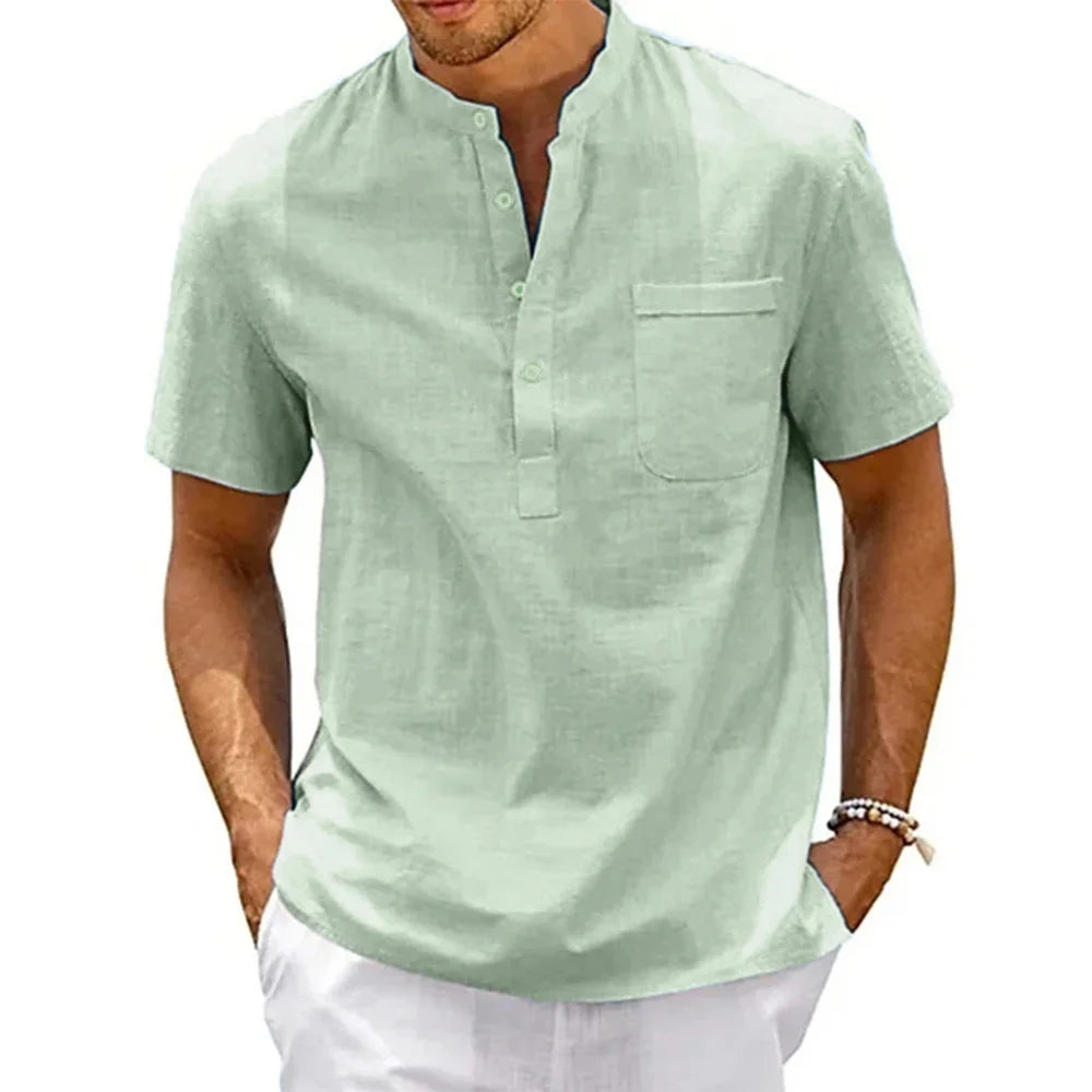 Camicia da uomo in lino, collo Henley, con tasca, casual da spiaggia