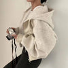 2024 Primavera/Autunno Nuova felpa con cappuccio foderata in pile, versatile, cropped a taglio slim che definisce la silhouette, con zip, blu navy, calda, da donna