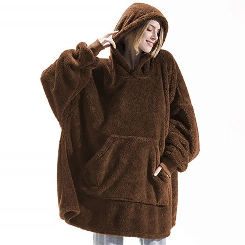 Coperta con cappuccio in pile reversibile da donna per l'inverno