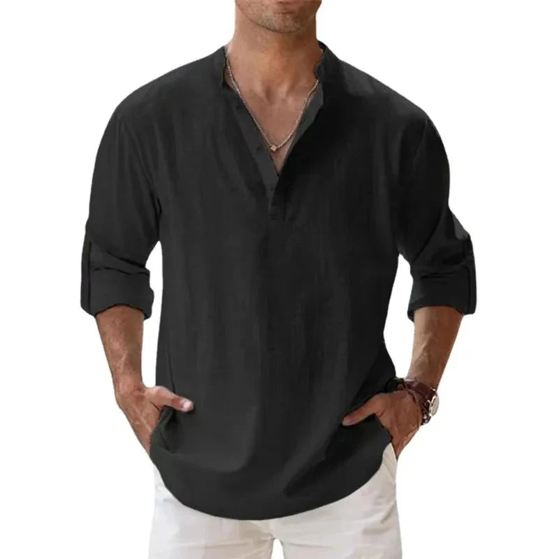 Camicie Henley da uomo a maniche lunghe, in lino, stile streetwear, leggere
