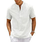 Camicia da uomo in lino, collo Henley, con tasca, casual da spiaggia