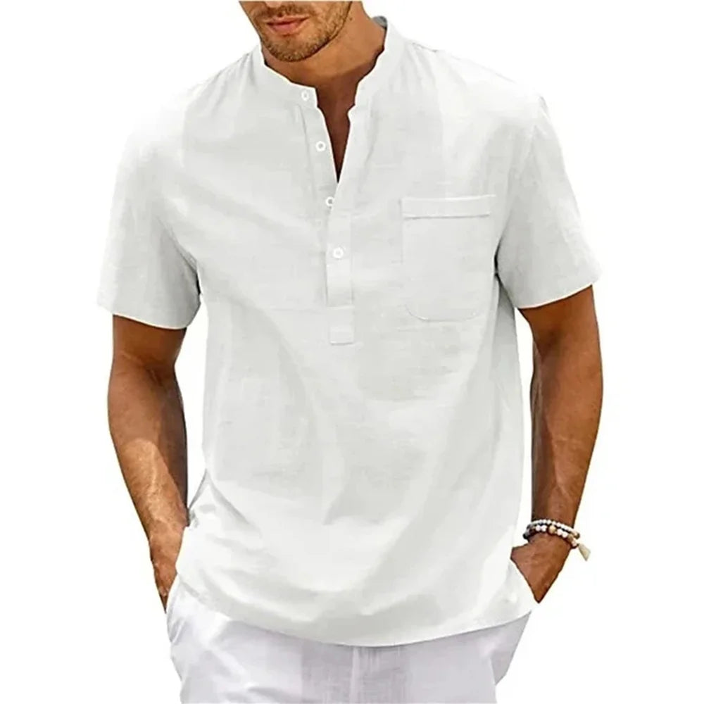 Camicia da uomo in lino, collo Henley, con tasca, casual da spiaggia